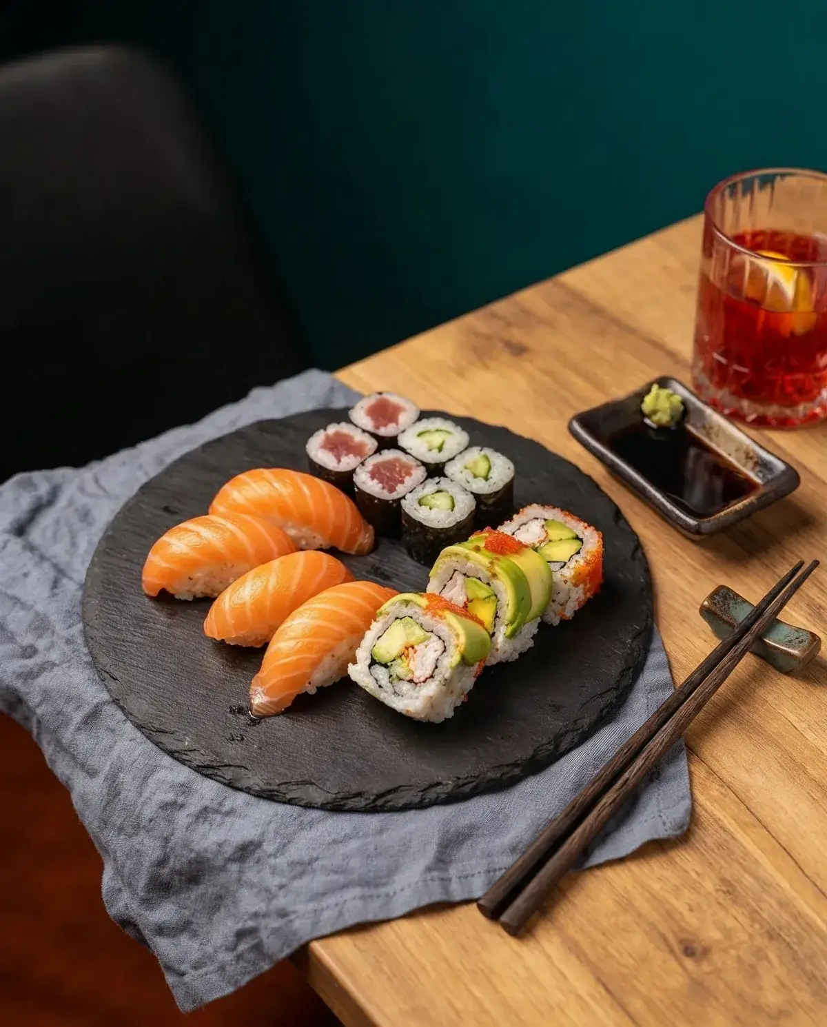 Salmon nigiri, maki and avocado rolls on a slate plate from the STERN*16 Asia Street Food kitchen