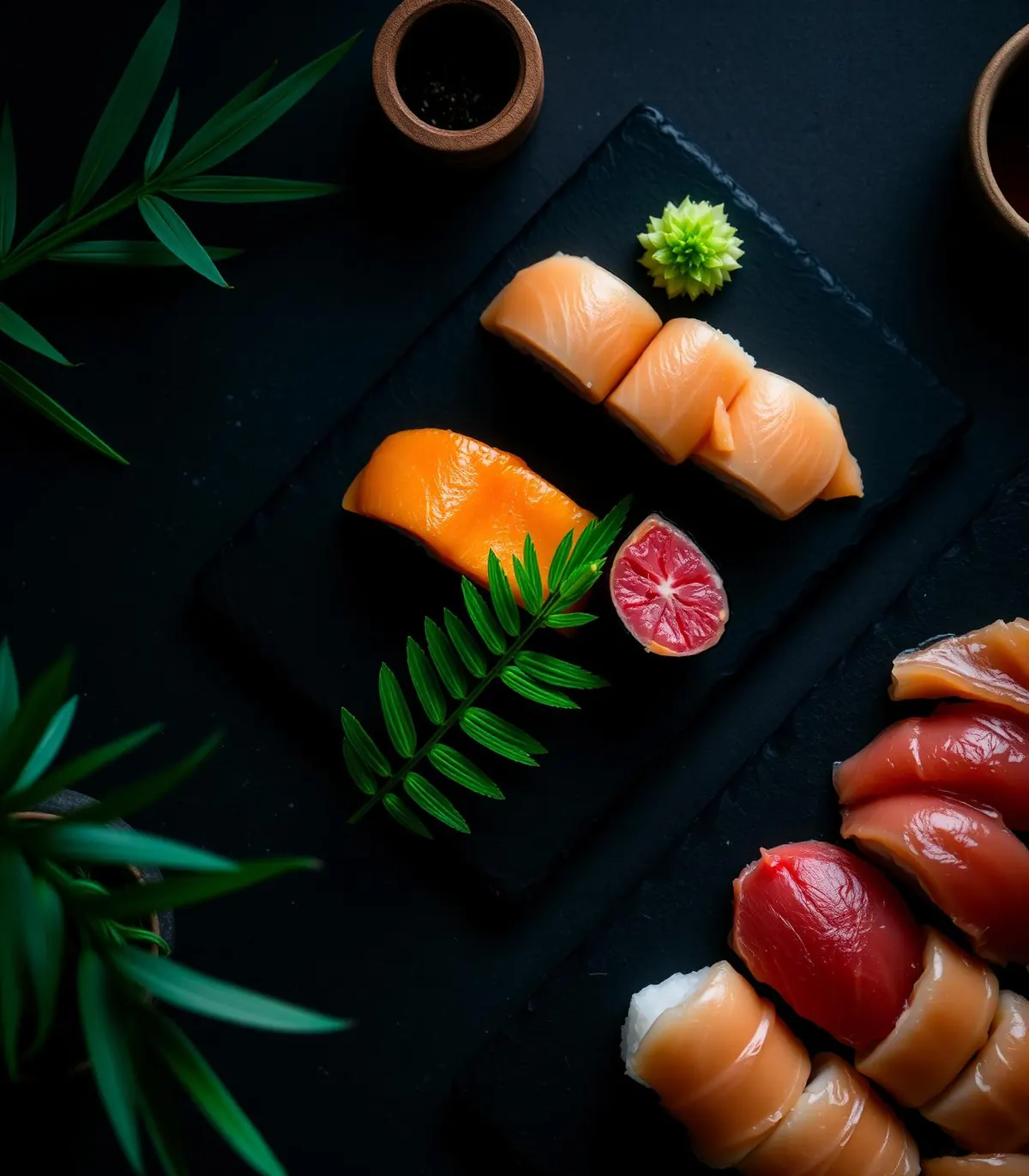 Sushi with salmon nigiri on dark slate